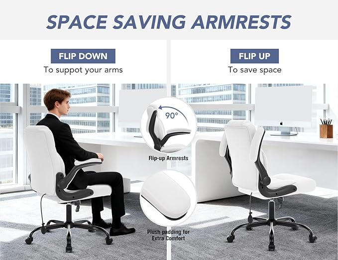 Office Chair with Adjustable Lumbar Support,Leather Ergonomic Computer Desk Chair with Flip-up Arms,Adjustable Tilt Lock,Swivel Rolling Executive PC Chair for Work, Study,Meeting,Small Space.White