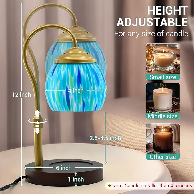 Candle Warmer Lamp with Timer Dimmer - Height Adjustable Wax Melt Warmer for Jar Candles, Blown Art Glass Candle Warming Lamp with 2 Bulbs Birthday Gifts for Mom Women Candle Holders for Home Decor