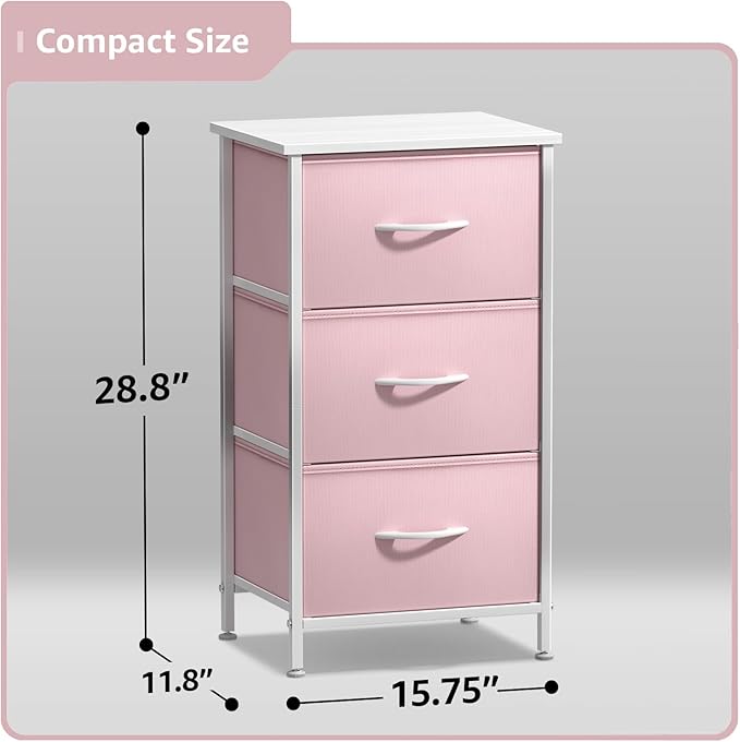 Sorbus Nightstand with 3 Drawers - Bedside Furniture & Accent End Table Chest for Home, Bedroom Accessories, Office, College Dorm, Steel Frame, Wood Top, Pastel Fabric Bins (Pink)