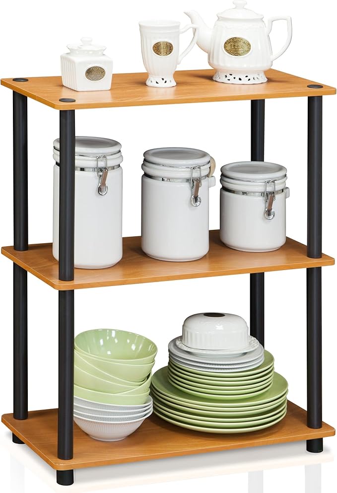 Furinno TURN-N-TUBE Storage Shelves, 3-Tier Book Shelf, Corner Shelf, Toolless Open Shelves, for Organization and Storage, Living Room, Garage, Home Office, Light Cherry