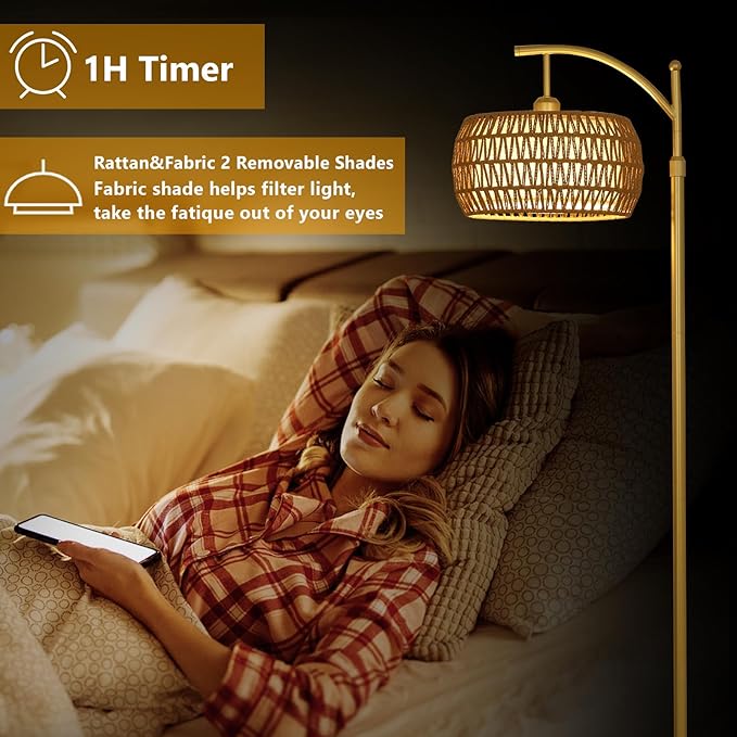Arc Floor Lamp with 3 Color Temperatures, LED Gold Floor Lamp with Remote & Stepless Dimmable Bulb, Boho Standing Lamp with Rattan & Fabric Shades, Farmhouse Tall Lamp for Living Room Bedroom