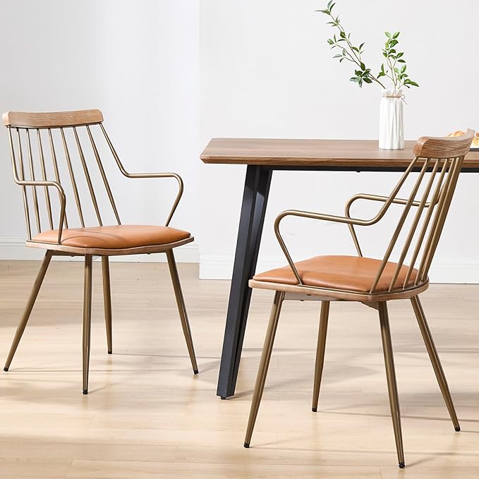 Modern Dining Chairs Set of 2, PU Upholstered Dining Chairs with Metal Legs, Wood Kitchen Chairs with Fence-Like Back and Curved Arm for Dining Room Kitchen Restaurant Reception (Brown)