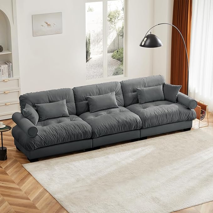 130" Grey Modular Sectional Sofa, 3 Seater Large Sectional Couches for Living Room, Velvet Fabric Oversized Fluffy Cloud Couch with Ottoman, Deep Seat Home Sofas Set, Sofá Moderno