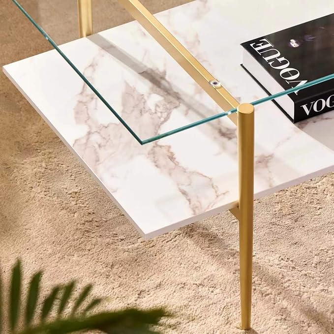 Shrine Rectangle Coffee Table, Mid-Century Modern Design, 2-Tier Structure, Clear Glass Top and White MDF Shelf, 41" D x 21" W x 17" H, Sleek Conical Metal Legs with Gold Finish