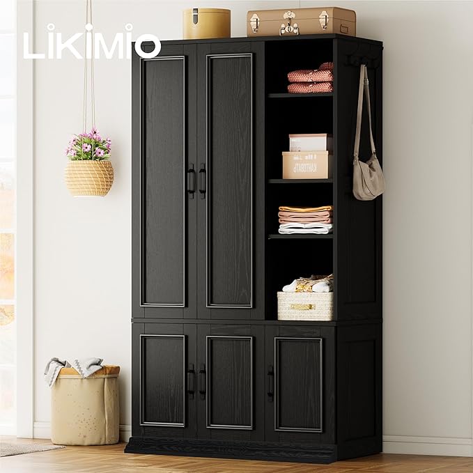 LIKIMIO Armoire Wardrobe Closet 70" H, 5 Doors Bedroom Wooden Wardrobe with 4 Storage Shelves and Hanging Rod, Clothing Storage Cabinet Organizer Combination, Black