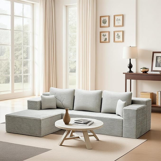 106''Boneless Couches for Living Room, L Shaped Modular Sectional Sofa with Chaise Lounge, Faux Rabbit Fur & Layered Cushion Deep Seat Cloud Couch, No Assembly (Grey, Left Facing Chaise)