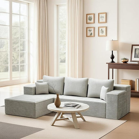 106''Boneless Couches for Living Room, L Shaped Modular Sectional Sofa with Chaise Lounge, Faux Rabbit Fur & Layered Cushion Deep Seat Cloud Couch, No Assembly (Grey, Left Facing Chaise)