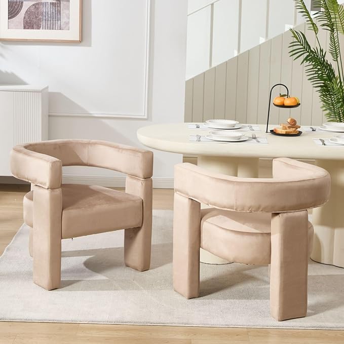 Khaki Dining Chairs Set of 2, Upholstered Velvet Barrel Chairs with Arms Comfy Side Chairs for Living Room/Dining Room/Reception