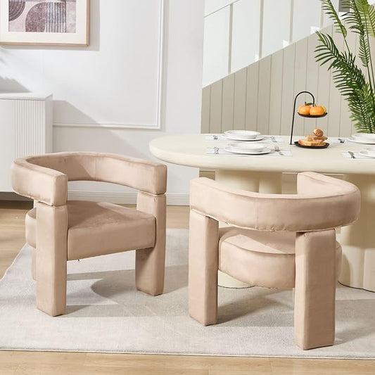 Khaki Dining Chairs Set of 2, Upholstered Velvet Barrel Chairs with Arms Comfy Side Chairs for Living Room/Dining Room/Reception