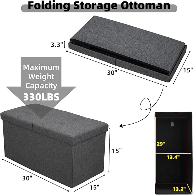 CAROLMADE 30 Inches Storage Ottoman Bench with Flipping Lid, Linen Foldable Storage Footrest, Ottoman with Storage for Living Room Holds up to 330lbs, Dark Grey