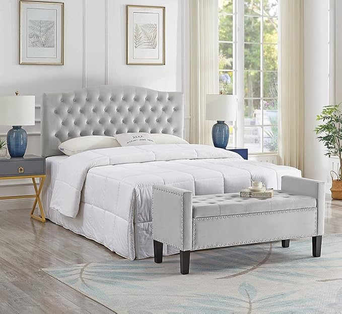 24KF Velvet Modern Upholstered Tufted Button Storage Bench with Arms for Bedroom,Entryway Living Room Soft Padded Seat -Gray