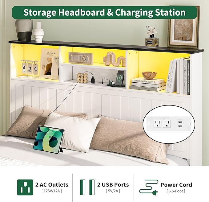 Yoobure Queen Bed Frame with Headboard - Farmhouse Wood Bed Frames Queen Size with 4 Storage Drawers, Platform Beds with Charging Station & LED Light, No Noise Double Bedframe, No Box Spring Needed