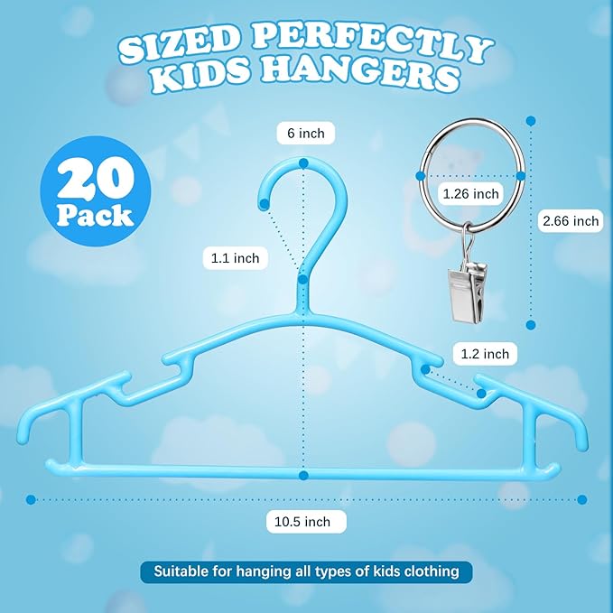 Baby Hangers with Metal Ring Clips, Children Plastic Hanger for Kids Pants Clothes Closet, 20 Pack, Blue