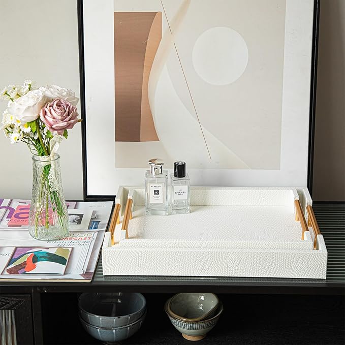 2 Piece Woven Leather Ottoman Tray with Gold Handles, Perfect Rectangular Serving Tray for Living Room, Coffee Table Tray as Thoughtful Gift for Home Decor Enthusiasts (White)