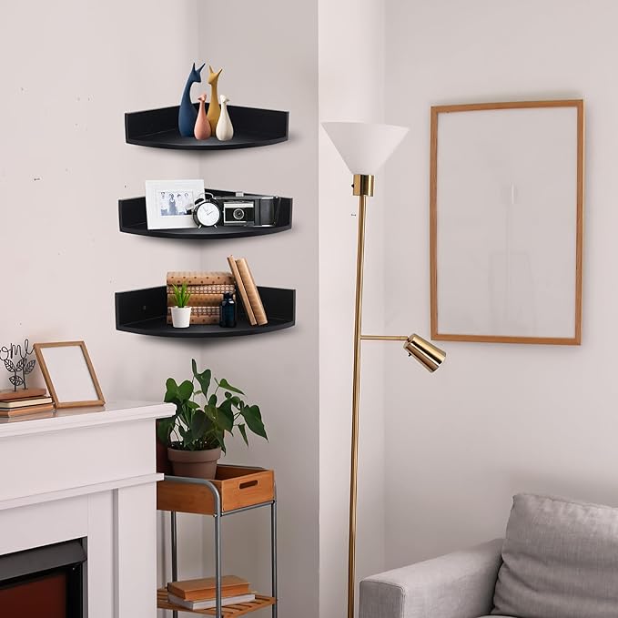 Demigo Corner Shelf Wall Mount Set of 3, Solid Acacia Wood Round Floating Corner Shelves for Storage and Display, Hanging Wood Shelves for Bedroom, Kitchen, Living Room, Bathroom (Black)