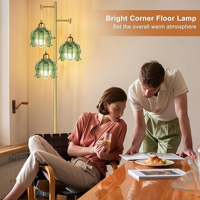 Vintage Floor Lamps for Living Room Bedroom-3 Light Gold Floor Lamp with Glass Lampshape, Flower Green Tall Lamp Mid Century Modern Standing Lamp Tree Floor Lamp for Bedroom Living Room Corner