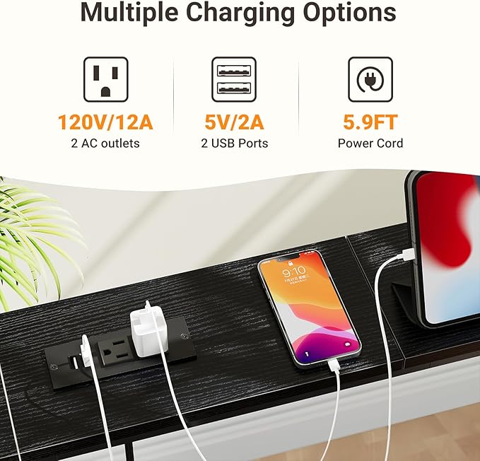 ELYKEN 47.2" Narrow Console Sofa Table with Power Outlet, 5.9'' Behind Couch Table with Charging Station, Long Entryway Tables for Living Room, Hallway, Black