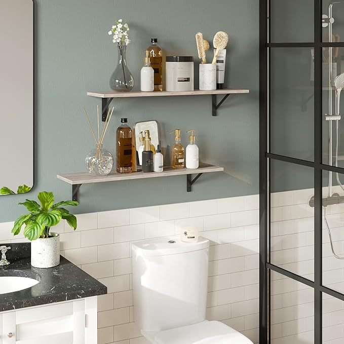 DINZI LVJ Wall Shelves, 23.6 x 7.9 x 6.1 Inch Floating Shelves for Wall, Set of 2, Easy-to-Install Wall Storage Ledges with Sturdy Metal Brackets for Living Room, Bathroom, Kitchen, Greige