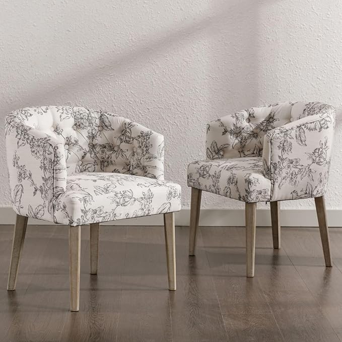 DUOMAY Modern Tufted Dining Chairs Set of 4, Linen Upholstered Side Chair, Comfy Accent Barrel Chair with Wood Legs for Home Kitchen Dining Room Living Room Restaurant, Beige Flower Pattern