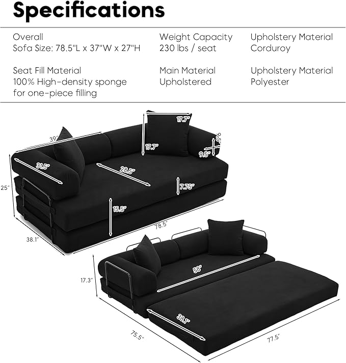 Convertible Sleeper Sofa Bed with Cylindrical Pillow, Corduroy Folding Mattress Couch with Fixed-Shape Frame, Floor Sofa Lounge Couch for Living Room Bedroom Lounge Studio-Black