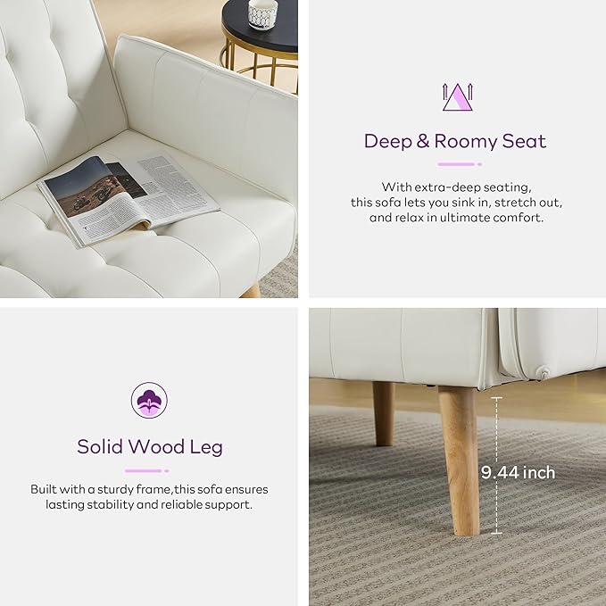 TYBOATLE Modern White Faux Leather Upholstered Convertible USB Folding Futon Sofa Bed, 65" Couch, Love Seats Furniture for Small Space Configuration, Apartment, Dorm, Living Room, Office