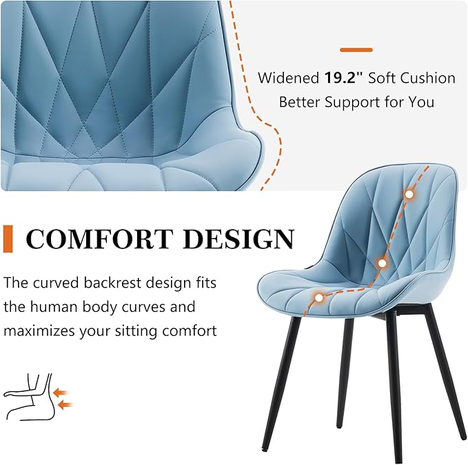 Rowill Dining Chairs Set of 2 Modern Kitchen Chairs with Soft Backrest, Sturdy Metal Legs & Non-Slip Pads, Suitable for Home Kitchen, Faux Leather Upholstered Seats for Dining Room, Blue