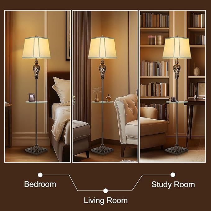 Rustic Floor Lamp for Living Room with Nightlight and Glass Tray, Vintage Standing Lamp with Beige Faux Silk Shade, Farmhouse Tall Lamp for Bedroom Study Home Office Hotel Bar - Brown (Bulb Included)