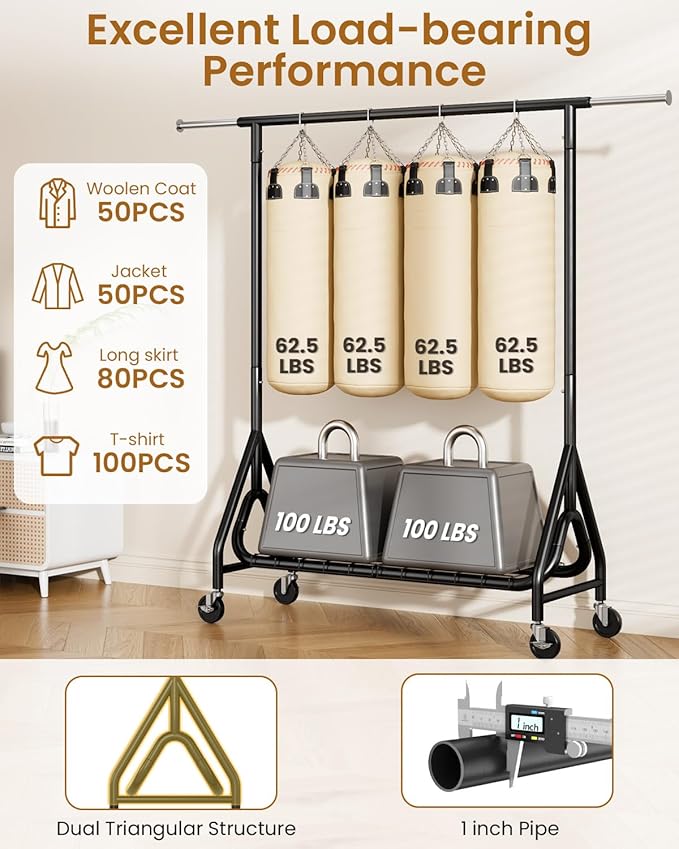 Heavy Duty Garment Rack, Metal Clothes Rack Load 450 LBS, Rolling Clothing Racks for Hanging Clothes with Lockable Wheels, Wardrobe Closet Coat Racks for Bedroom, Black