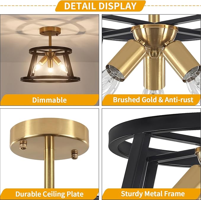 Modern Black and Brushed Gold Semi Flush Mount Ceiling Light, 3 Lights Industrial Close to Ceiling Light Fixtures, 12.59" Ceiling Lamp for Hallway Entry Laundry Bedroom Kitchen Lighting, UL Listed