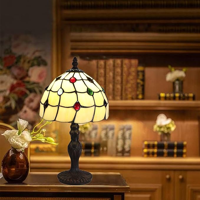 Tiffany Style Table Lamp, 8 Inch Stained Glass Lamp, Small Antique Bedside Lamp, for Nightstand Bedroom Living Room Home Office, Include LED E26 Bulb