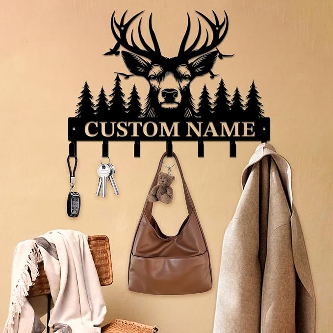 Personalized Custom Name Forest Deer Wall Keys Hooks,Metal Forest Deer Art Clothes Hooks,Metal Forest Deer Wall Home Storage Decorative,For Front Door, Hallway, Kitchen, Bedroom,Keys,Hats (Style E)