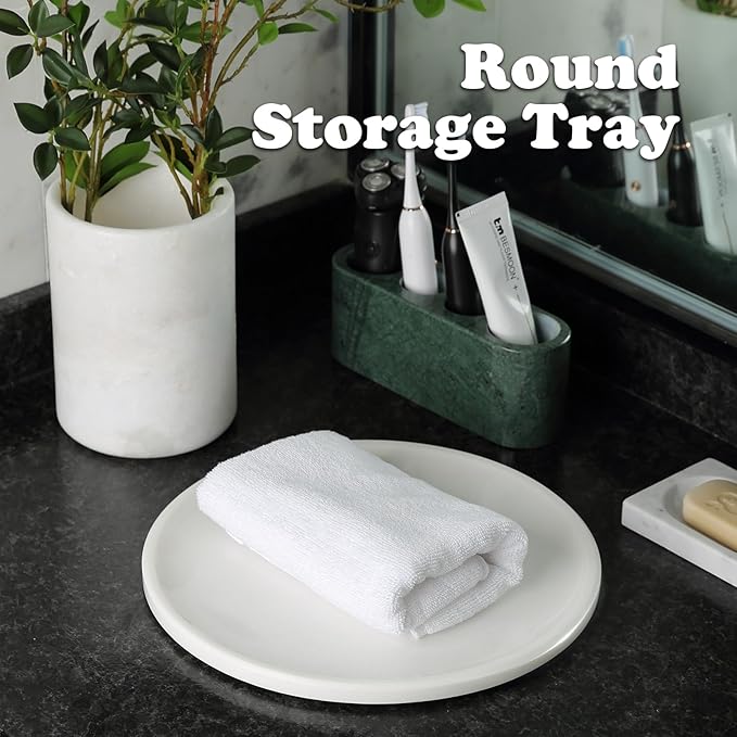 11.8inch Round Marble Serving Tray for Kitchen and Coffee Table, Bathroom Vanity Tray for Counter, White Decorative Catchall Tray for Jewelry, Namib Fantasy