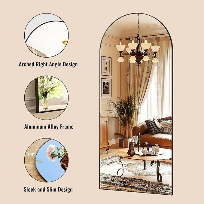 34x76 Arched Full Length Mirror Floor Mirrors with Aluminum Alloy Frame Free-Standing Wall Mounted Floor Mirrors or Large Dressing Mirror, Black Mirror Full Length