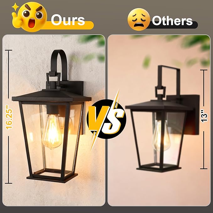 Kalium Outdoor Wall Lights Fixtures Lantern Frame 16 1/8", Outside Lights Black Transitional Durable Metal, Clear Glass for Post Exterior Barn Deck House Porch Yard Patio Garage Garden