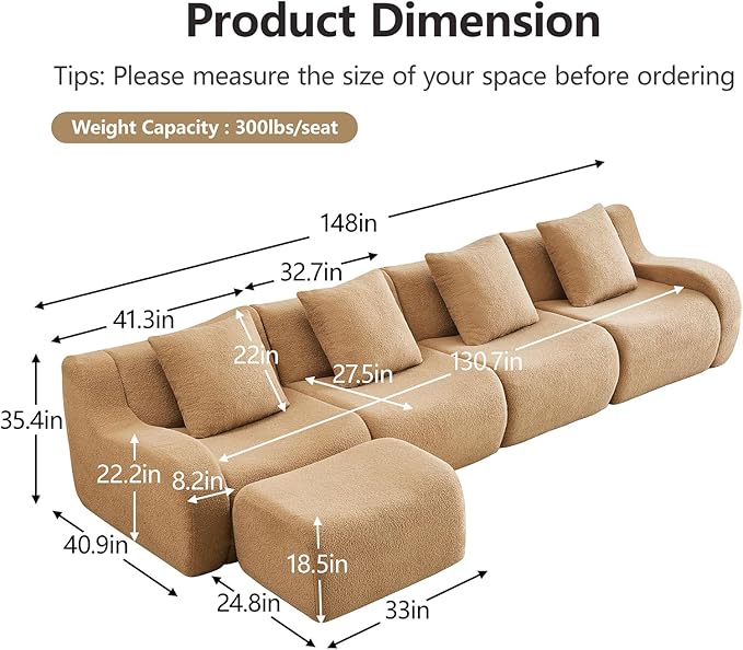 Camel L-Shaped Cloud Couch with 1 Ottoman, Modern Teddy Fabric Boneless Sectional Sofa in a Box, Modular Floor Sofa for Living Room, Deep Seat, No Assembly Required, Sofas para Sala