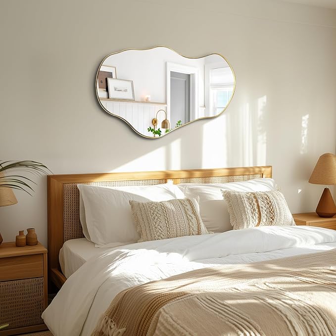 Irregular Mirror, 30"x20" Asymmetrical Mirror with Gold Metal Frame, Modern Funky Odd Shaped Mirrors, Abstract Wall Mirrors for Living Room Bathroom Bedroom Hallway Entryway Fireplace