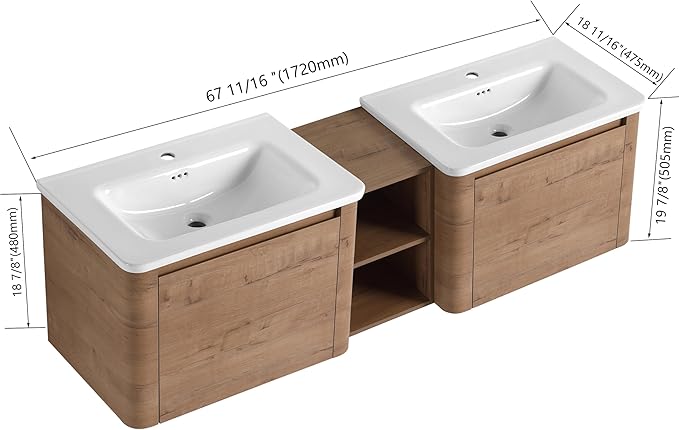 Goujxcy 68 Inch Bathroom Vanity with Sink Combo Modern Floating Vanity Cabinet with Ceramic Vessel Sink and Storage Shelves, Soft Closing Door Design (Imitative Oak)
