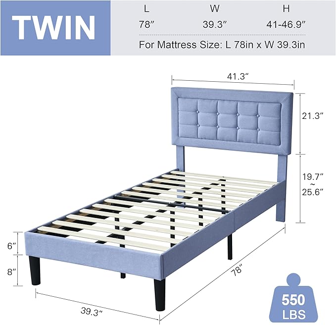VECELO Twin Size Bed Frame with Adjustable Headboard, Upholstered Button Tufted Platform Bedframe with Wood Slats Support, No Box Spring Needed, Light Blue