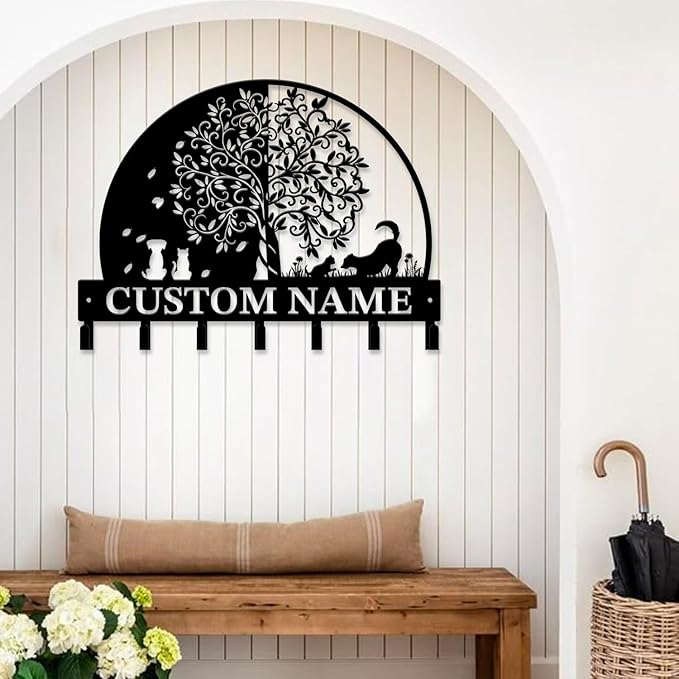 Life Tree Key Hook - Customized Metal Wall Organizer with Name Engraving, Black Iron Home Decor for Themed Collectors (Style B)