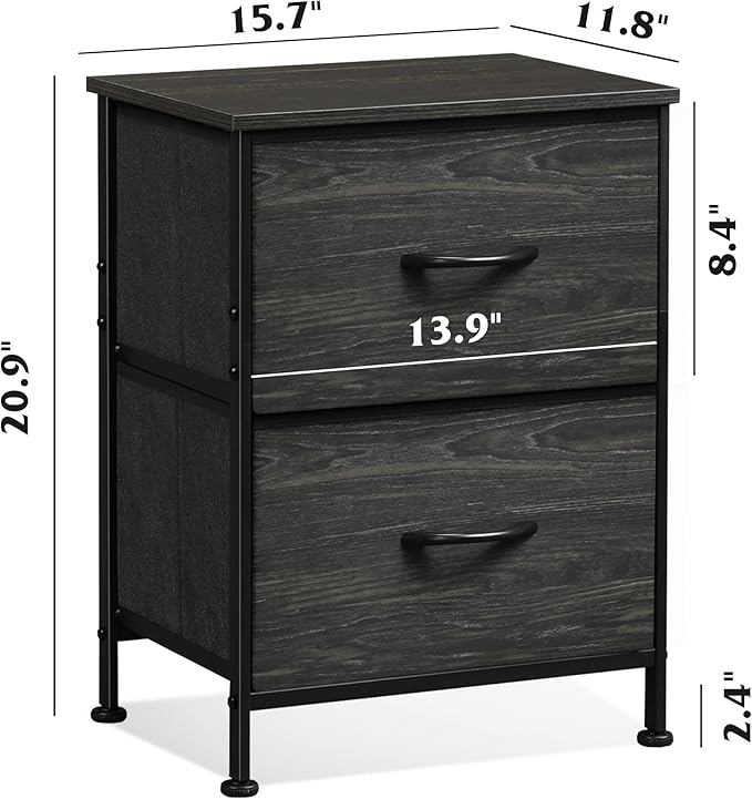 WLIVE Night Stand, Small Dresser with Drawers, Dresser for Bedroom with 2 Fabric Drawer, Black Bedside Table End Table, Dorm Nightstand, Closet Organizer, Charcoal Black Wood Grain Print