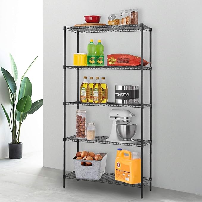 FDW 14" D×36" W×72" H Wire Shelving Unit Commercial Metal Shelf with 5 Tier Adjustable Layer Rack Strong Steel for Restaurant Garage Pantry Kitchen Garage，Black