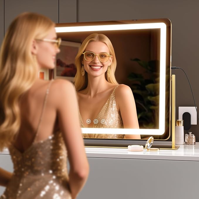 Hasipu Vanity Mirror with Lights, 24" x 18" LED Makeup Mirror, Light up Mirror with 5X Magnification and Phone Holder, USB Charging Port, Smart Touch 3 Colors Dimmable, 360° Rotation (Gold)