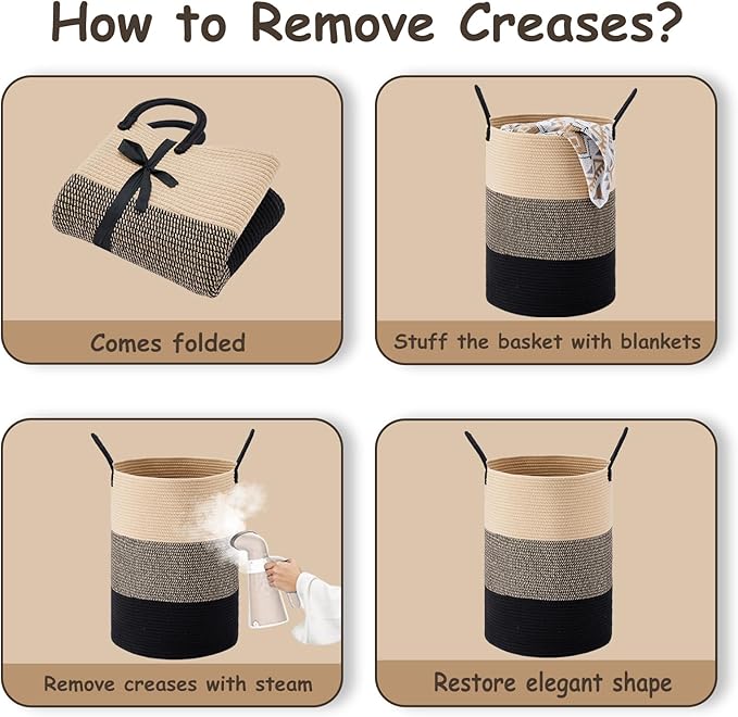 VIPOSCO Large Laundry Hamper, Tall Woven Rope Storage Basket for Blanket, Toys, Dirty Clothes in Living Room, Bathroom, Bedroom - 53L Brown & Black