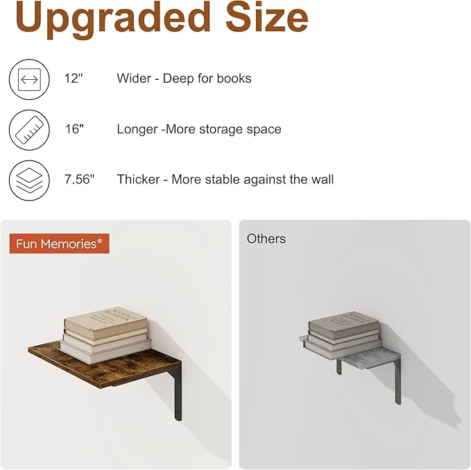 16" W x 12" D Floating Shelves for Wall, 12 Inch Deep Floating Shelf with Visible Bracket, Rustic Wood Bookshelf Wall Mounted, Deep Bathroom Shelves for Storage, Rustic Brown, Set of 2