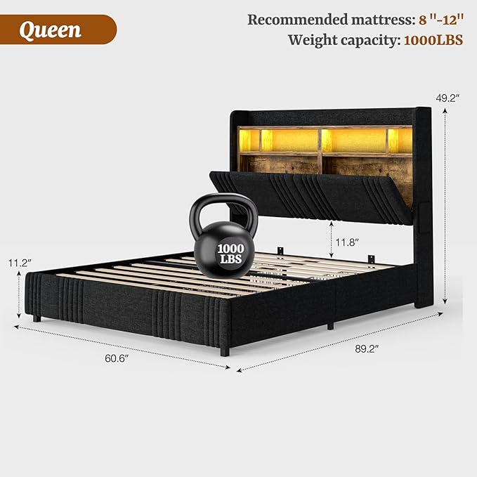 IKIFLY Queen Bed Frame with Hidden Storage Headboard & 4 Drawers, 49.2” Tall Upholstered Wingback Headboard with LED Lights and Charging Station, No Box Spring Needed, Solid Wood Slats, Black