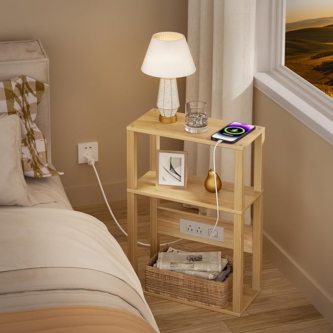 3-Tier Small Narrow Bamboo Side Table with Charging Station, Skinny Nightstand for Small Space, Slim Bedside Table with Storage for Couch, Wooden Thin End Table with USB Ports and Outlets, Natural