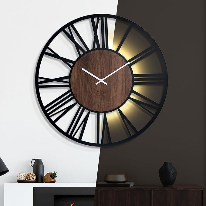 30 Inch Large Metal Wall Clock with Voice and Light Sensor Night Light, Glow in The Dark Non-Ticking Silent Battery Operated Decorative Oversized Wall Clock for Bedroom Living Room Decor