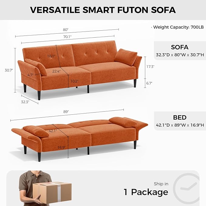89” Futon Sofa Bed, Comfy Futon Couch Bed with 2 Square Pillows, Convertible Sleeper Sofa with Adjustable Backrest&Armrests, Modern Loveseat Sleeper for Living Room,Velvet Fabric,Burnt Orange