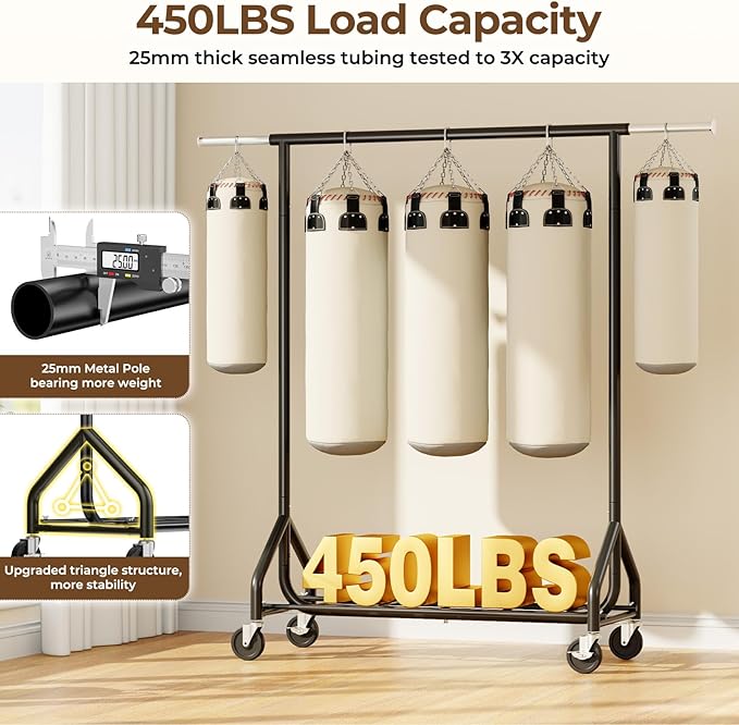 Heavy-Duty 450LBS Capacity Metal Clothes Rack，Rolling Clothing Rack with Wheels & Shelves, Portable Standing Wardrobe Rack for Hanging Clothes, Black