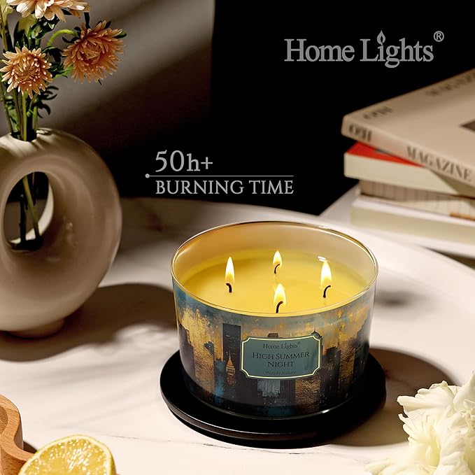 HomeLights High Summer Night Scented Candles | 18oz Soy Candles Industrial Chic 4-Wick Large Candle Jars | Ideal Candle Gifts for Events, Home Decor Stress, Relief & Relaxation